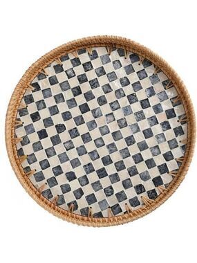 Round Rattan Tray Black Mother of Pearl Inlay Coffee Table Kitchen Decor
